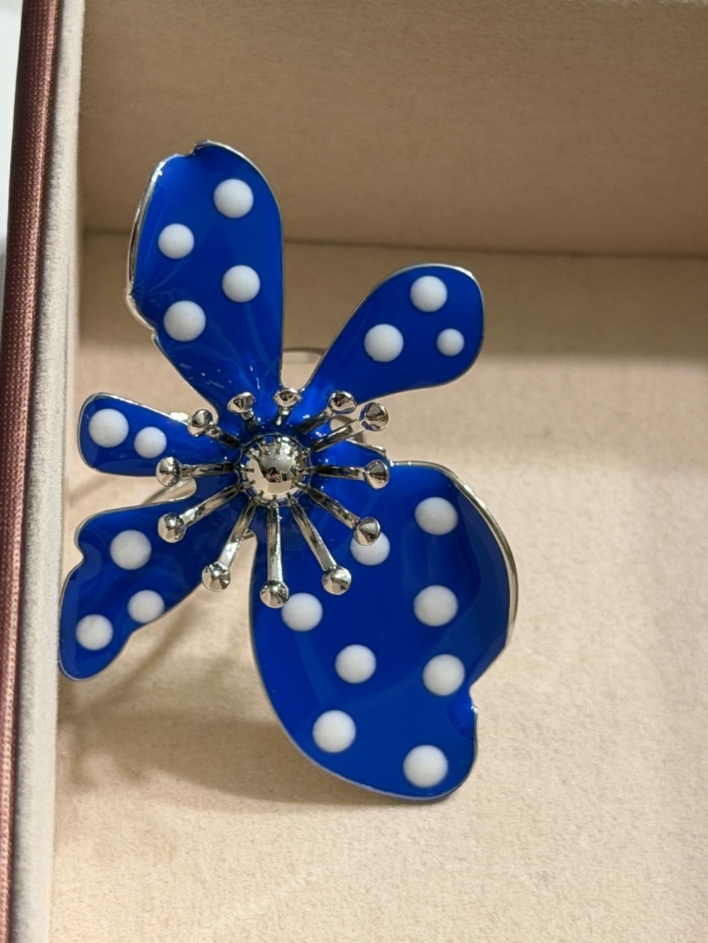 Vintage Blue & White Polka Dot Enamel Asymmetrical Flower Adjustable Ring